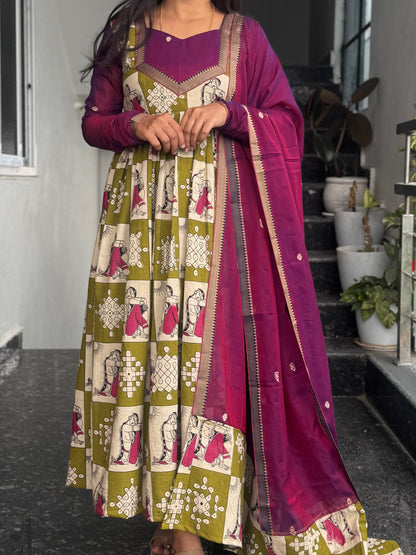 Magenta & Olive Green Kalamkari Anarkali 2-Piece Set