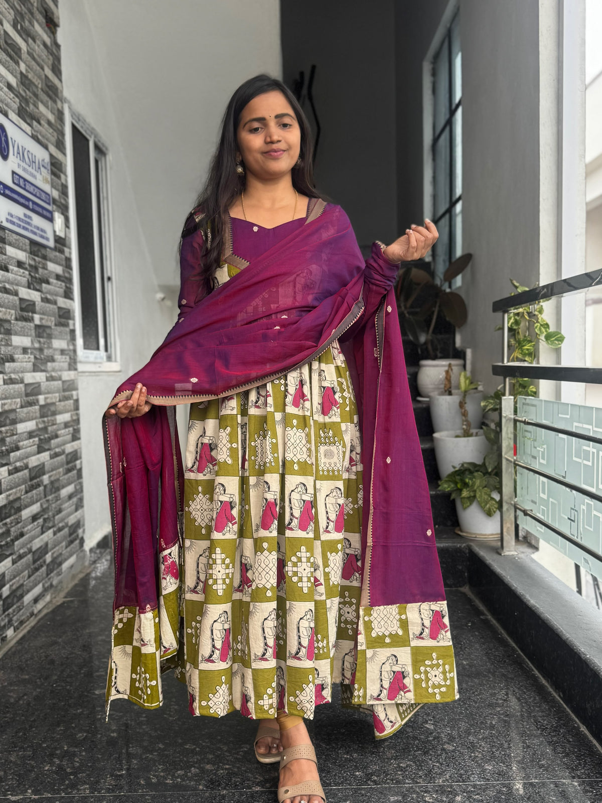 Magenta & Olive Green Kalamkari Anarkali 2-Piece Set
