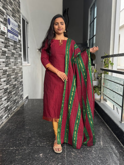 Maroon Mangalagiri 2 Piece Kurti Set with Jacquard Dupatta