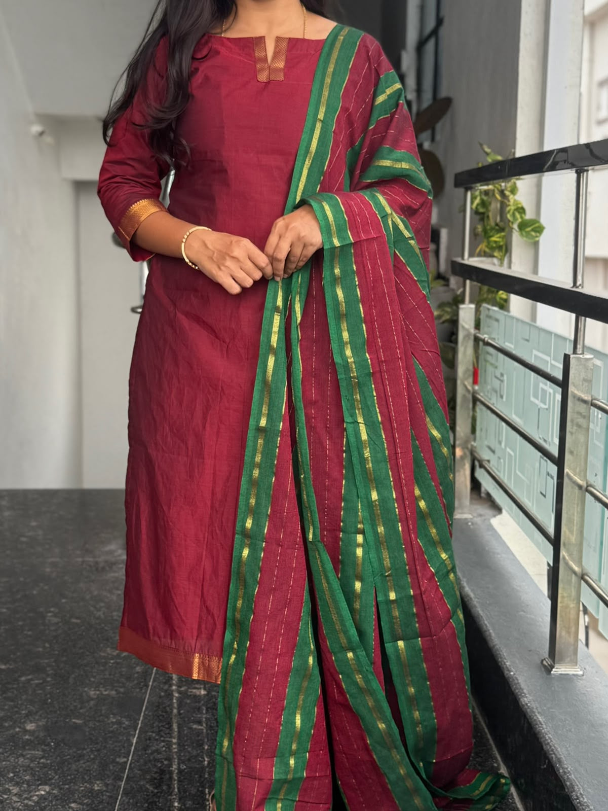 Maroon Mangalagiri 2 Piece Kurti Set with Jacquard Dupatta