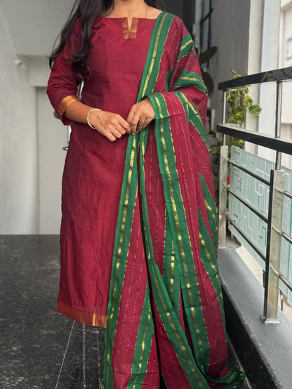 Maroon Mangalagiri 2 Piece Kurti Set with Jacquard Dupatta