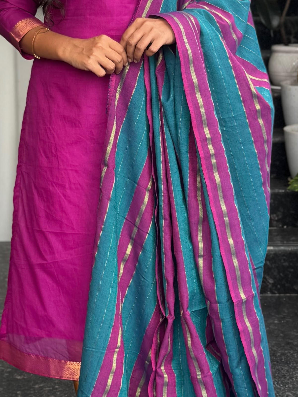 Magenta Mangalagiri 2 Piece Kurti Set with Jacquard Dupatta