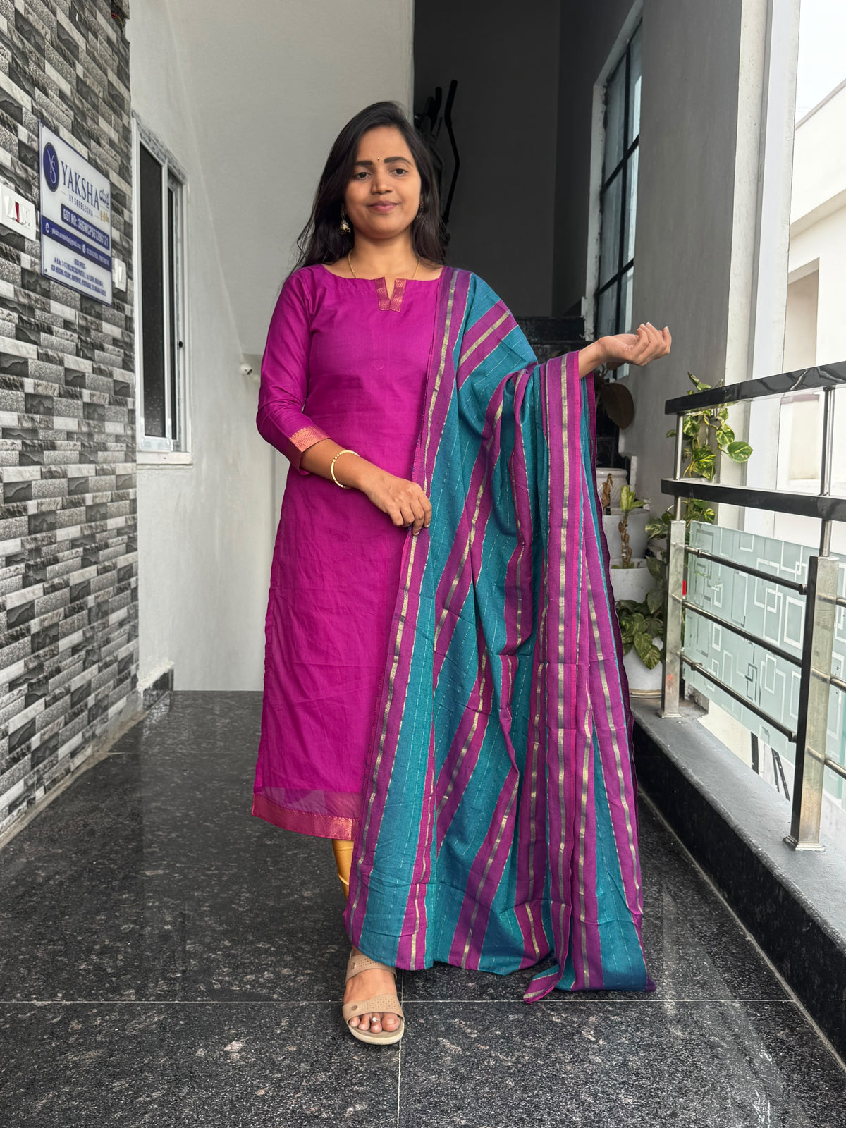 Magenta Mangalagiri 2 Piece Kurti Set with Jacquard Dupatta