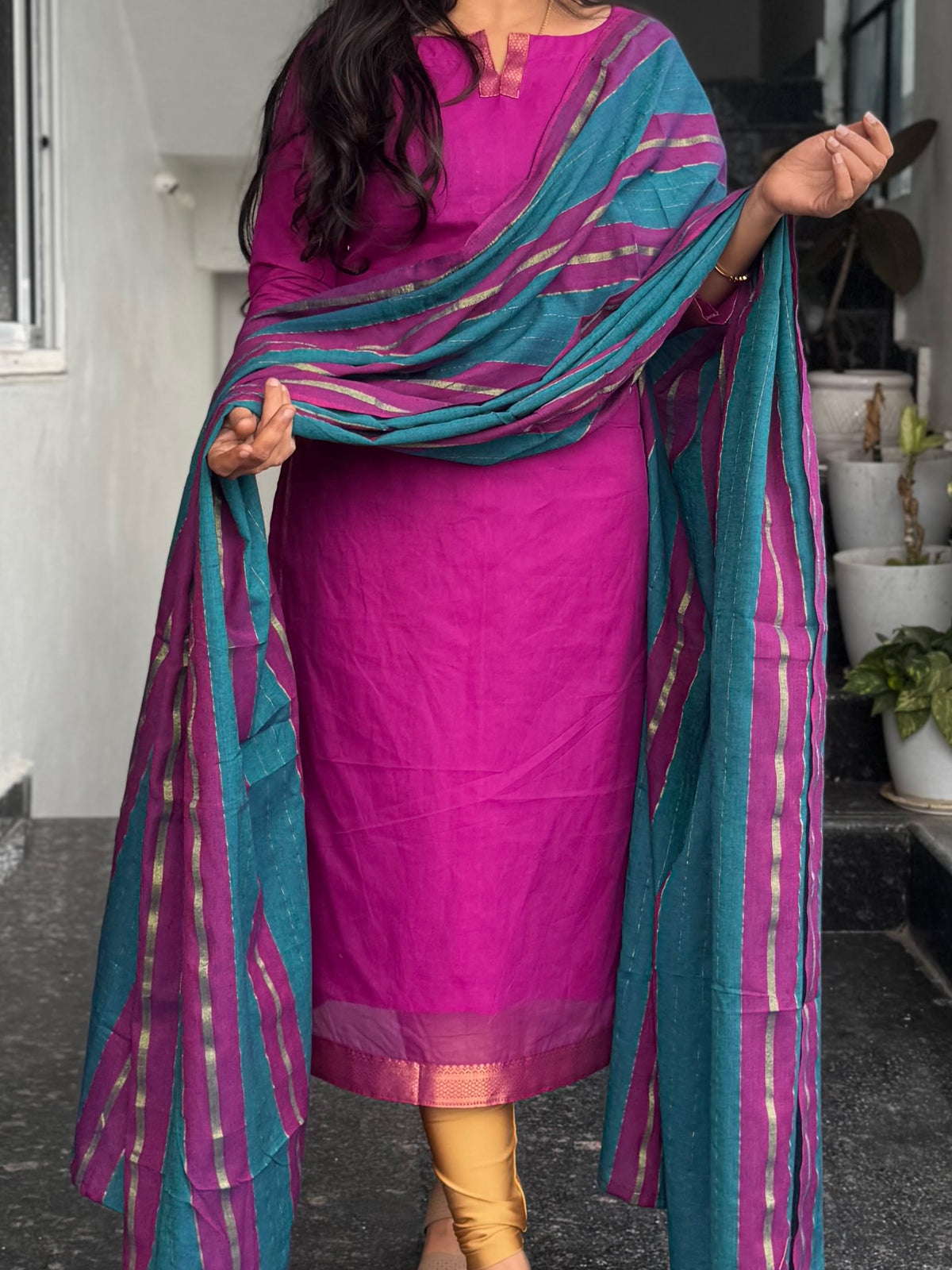 Magenta Mangalagiri 2 Piece Kurti Set with Jacquard Dupatta