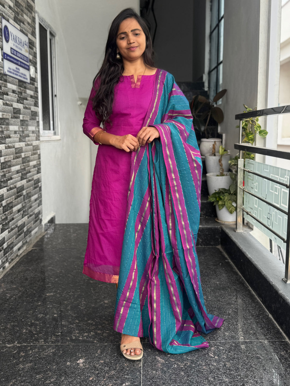 Magenta Mangalagiri 2 Piece Kurti Set with Jacquard Dupatta