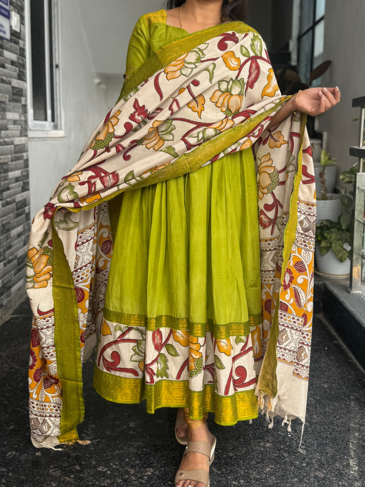 Olive Green Nellore Silk Nizam Border Anarkali 2-Piece Set