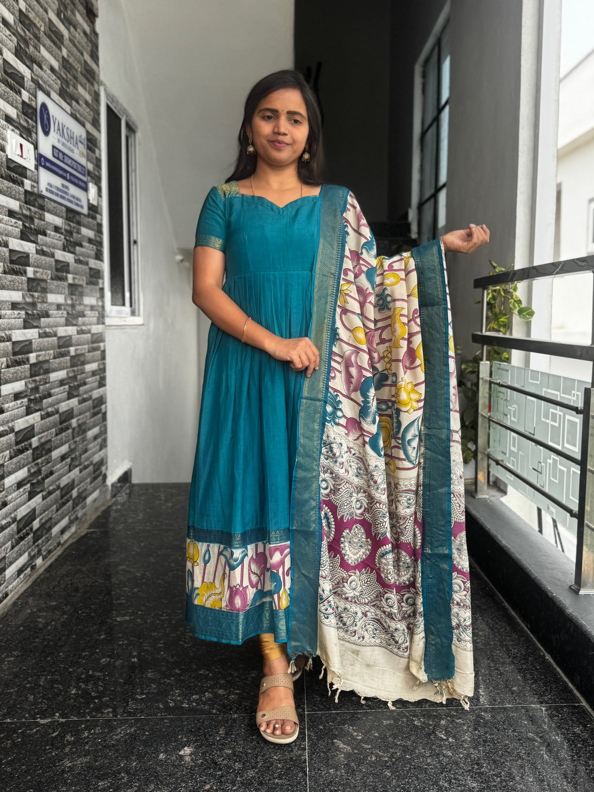 Teal Blue Nellore Silk Nizam Border Anarkali 2-Piece Set