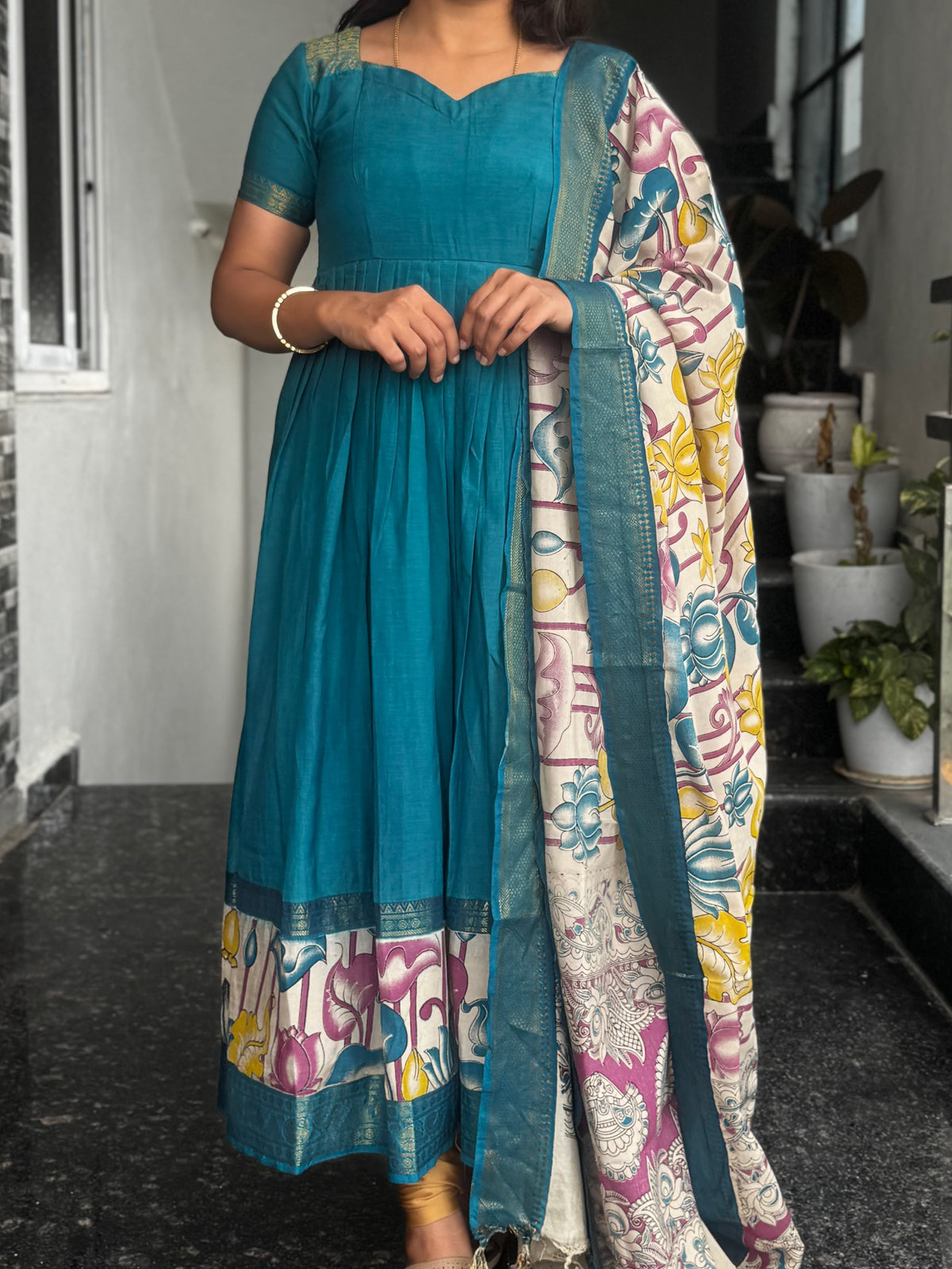 Teal Blue Nellore Silk Nizam Border Anarkali 2-Piece Set