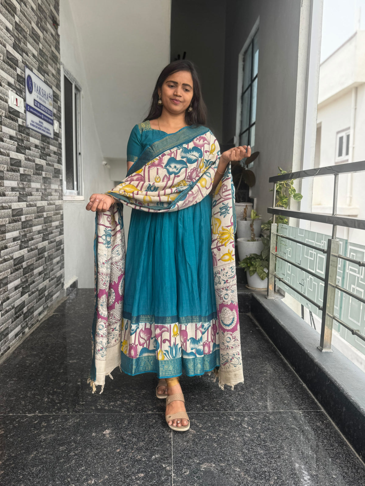 Teal Blue Nellore Silk Nizam Border Anarkali 2-Piece Set