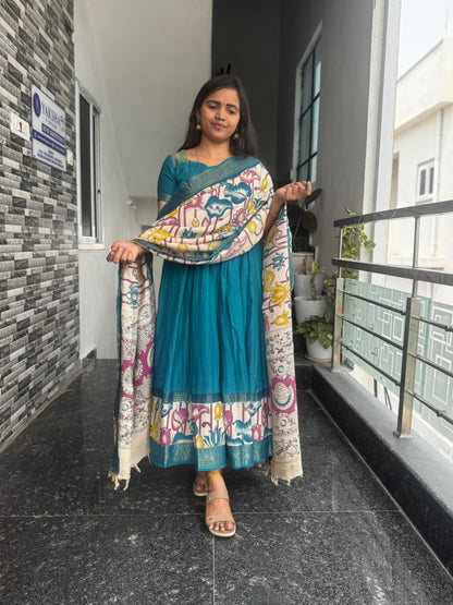 Teal Blue Nellore Silk Nizam Border Anarkali 2-Piece Set