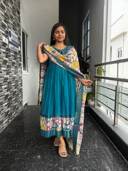 Teal Blue Nellore Silk Nizam Border Anarkali 2-Piece Set