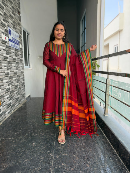 Maroon Narayanpet Anarkali 2-Piece Set – Traditional Striped Dupatta