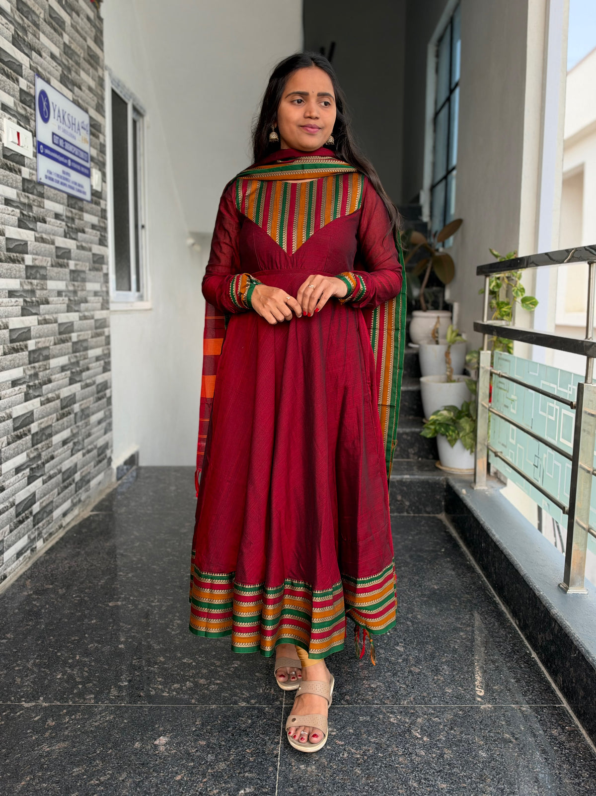 Maroon Narayanpet Anarkali 2-Piece Set – Traditional Striped Dupatta