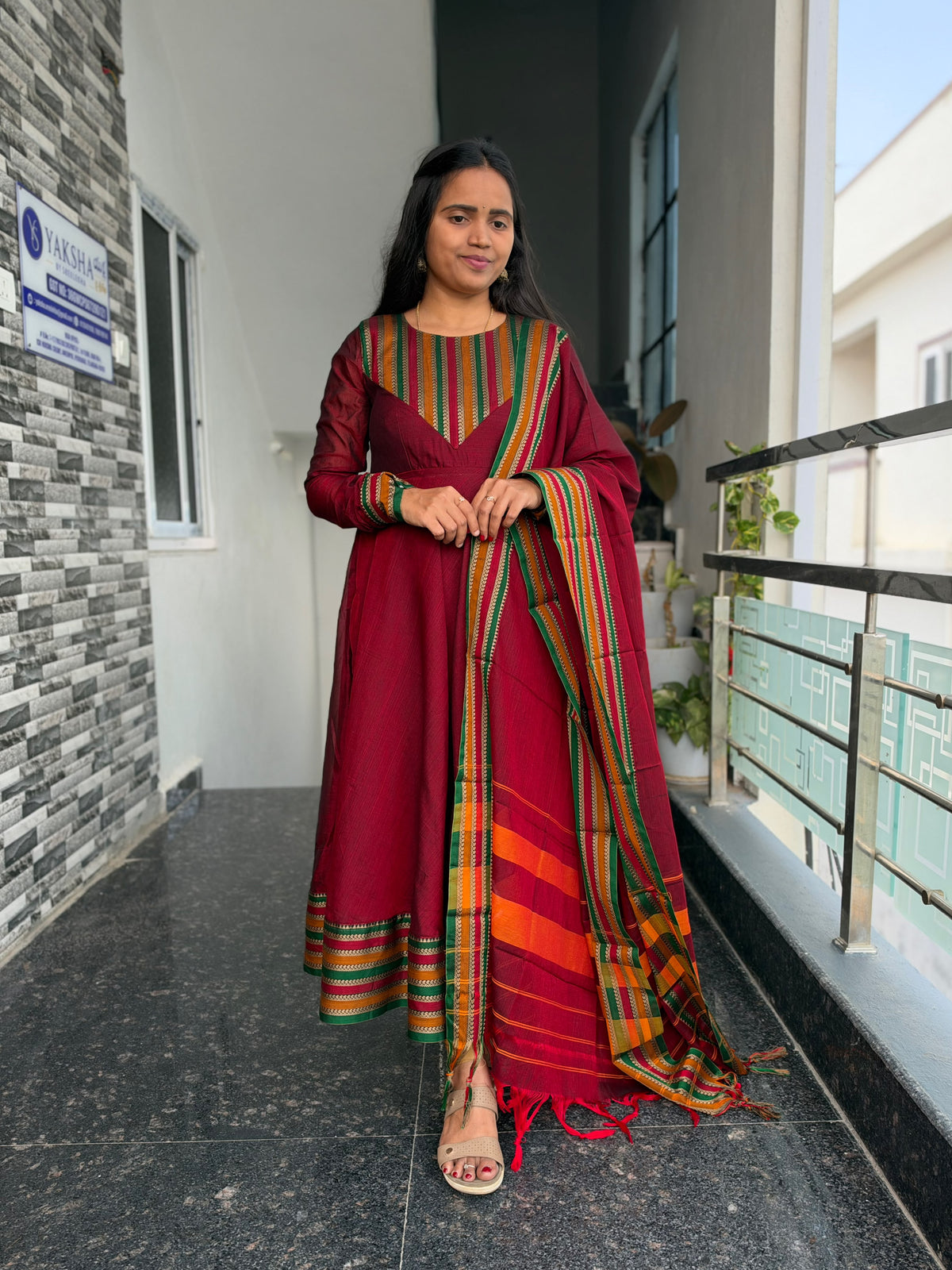Maroon Narayanpet Anarkali 2-Piece Set – Traditional Striped Dupatta