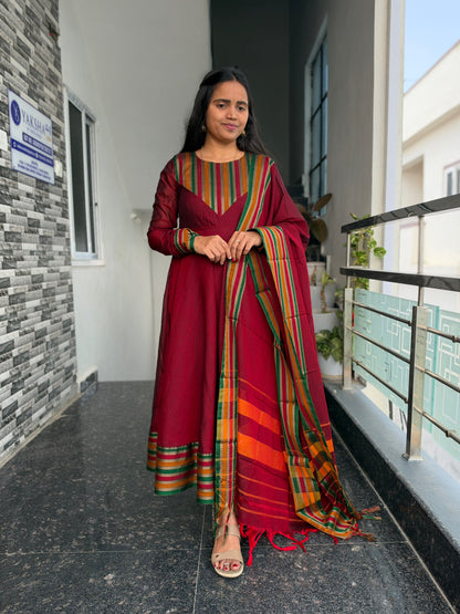 Maroon Narayanpet Anarkali 2-Piece Set – Traditional Striped Dupatta