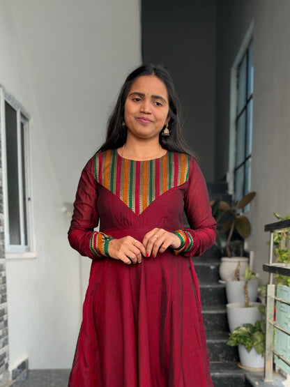 Maroon Narayanpet Anarkali 2-Piece Set – Traditional Striped Dupatta