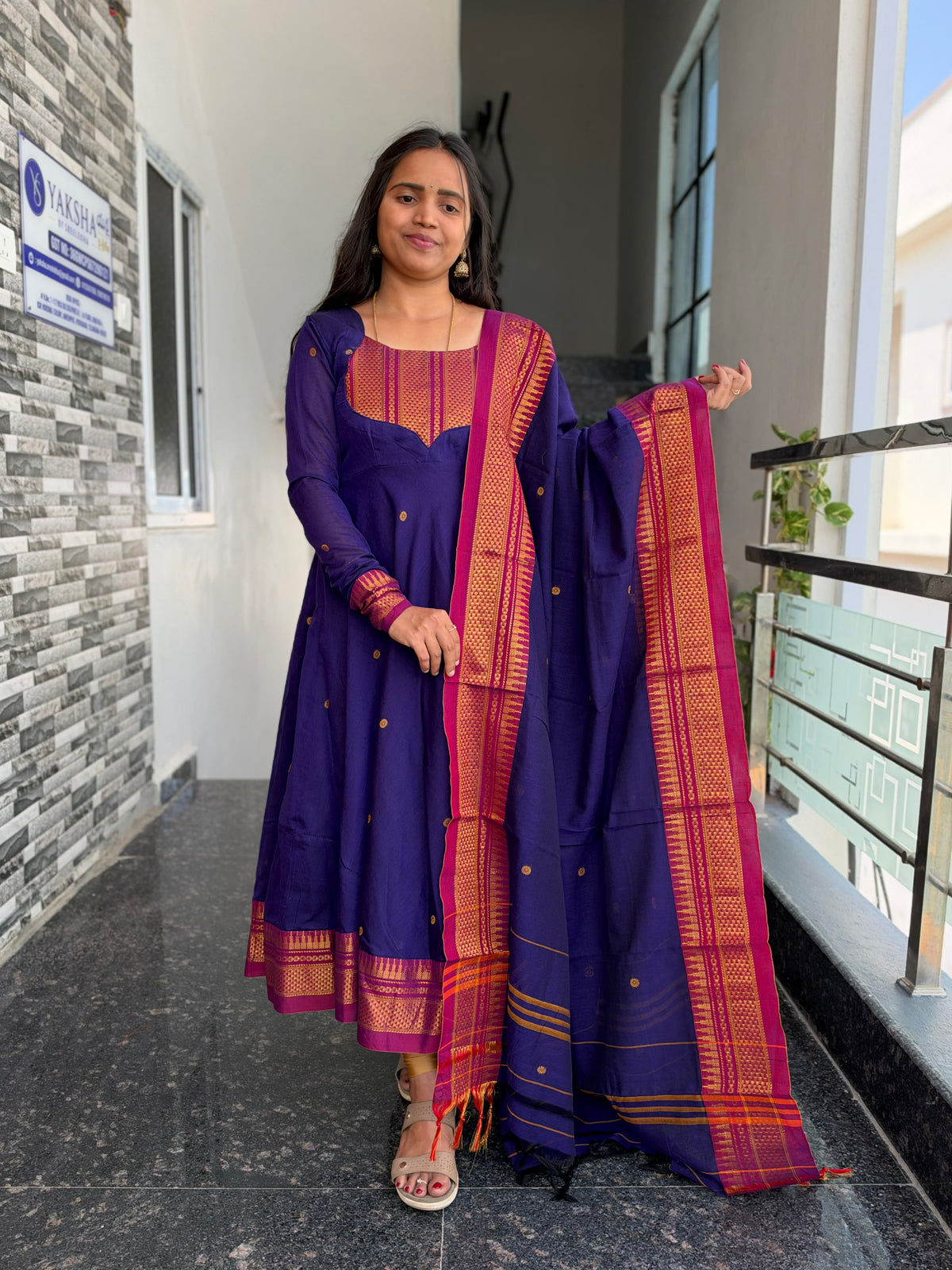 Purple Narayanpet Anarkali 2-Piece Set – Traditional Zari Border Dupatta