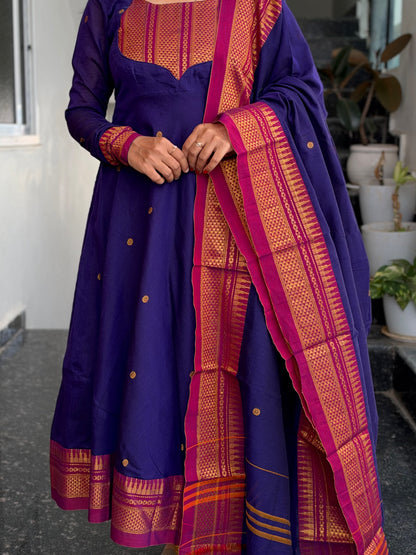 Purple Narayanpet Anarkali 2-Piece Set – Traditional Zari Border Dupatta