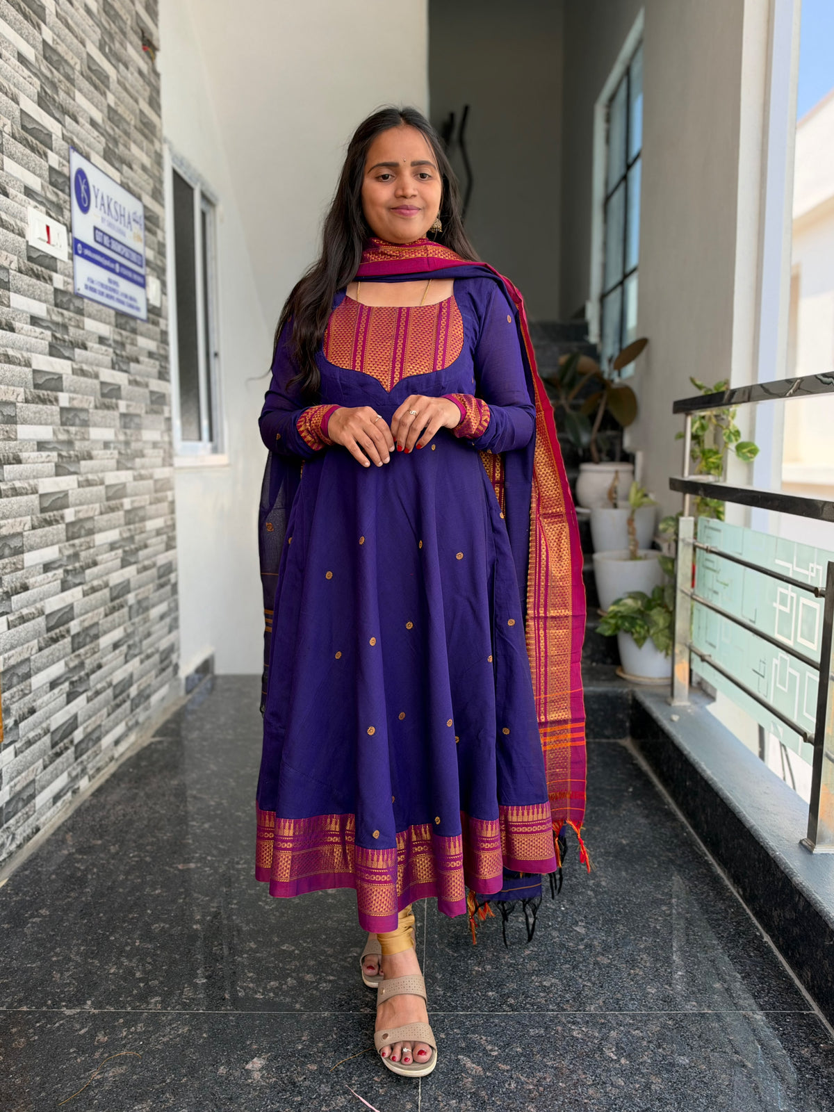 Purple Narayanpet Anarkali 2-Piece Set – Traditional Zari Border Dupatta