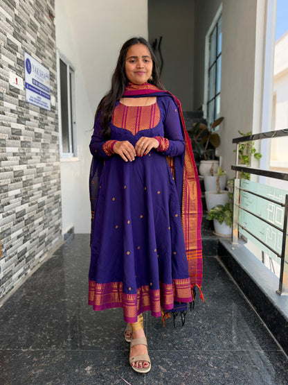 Purple Narayanpet Anarkali 2-Piece Set – Traditional Zari Border Dupatta