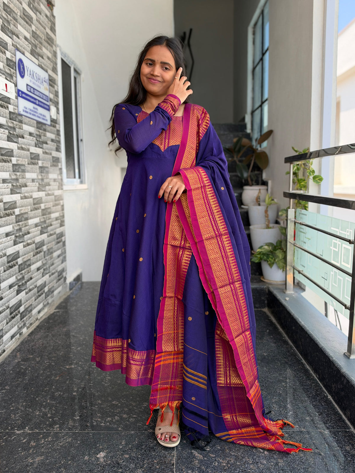 Purple Narayanpet Anarkali 2-Piece Set – Traditional Zari Border Dupatta