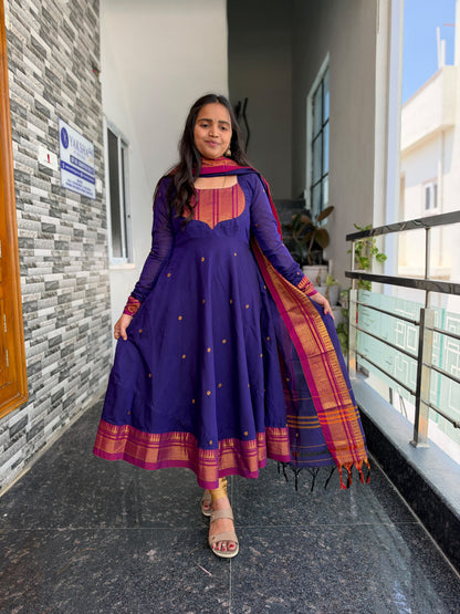 Purple Narayanpet Anarkali 2-Piece Set – Traditional Zari Border Dupatta