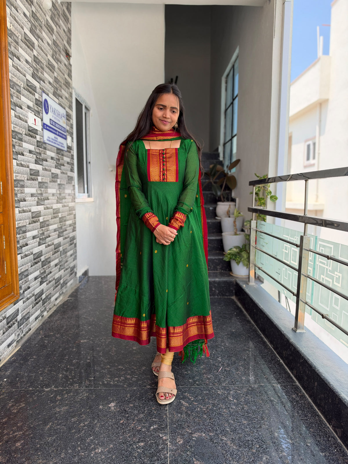 Parrot Green Narayanpet Anarkali 2-Piece Set – Traditional Zari Border
