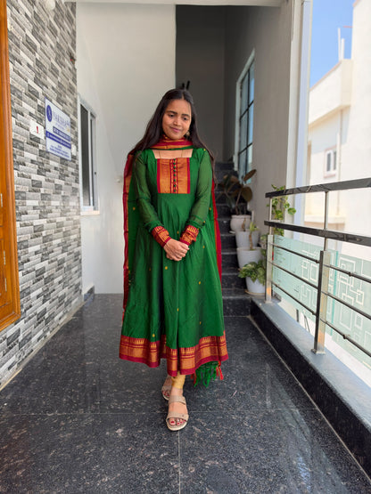 Parrot Green Narayanpet Anarkali 2-Piece Set – Traditional Zari Border