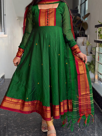 Parrot Green Narayanpet Anarkali 2-Piece Set – Traditional Zari Border