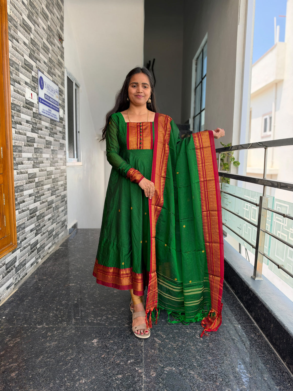 Parrot Green Narayanpet Anarkali 2-Piece Set – Traditional Zari Border