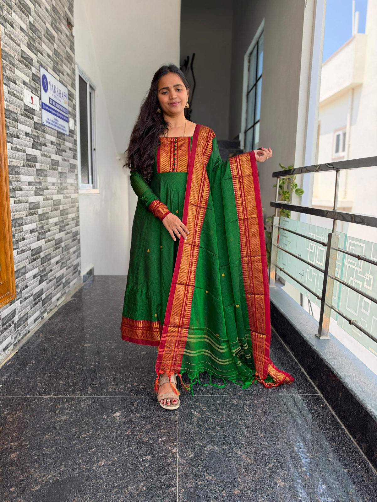 Parrot Green Narayanpet Anarkali 2-Piece Set – Traditional Zari Border