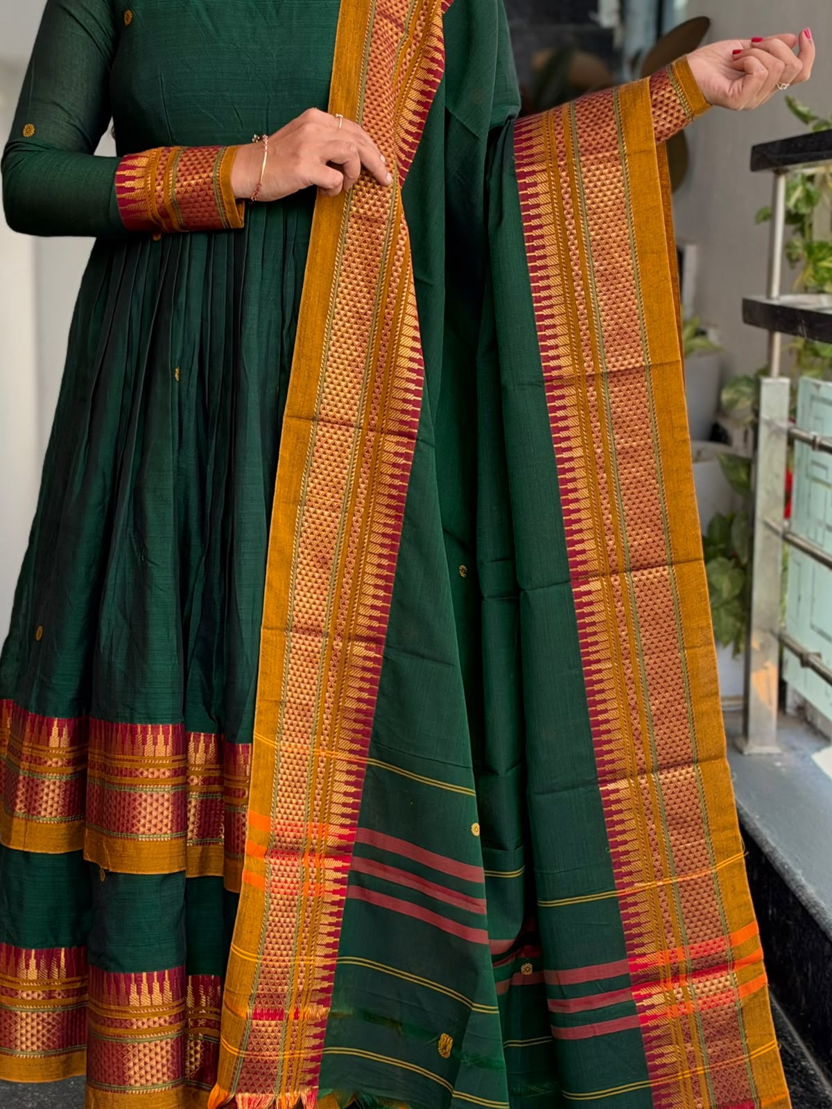 Bottle Green Narayanpet Anarkali 2-Piece Set – Traditional Woven Border & Dupatta