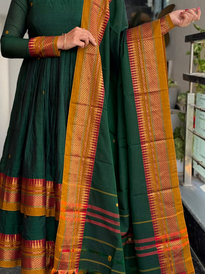 Bottle Green Narayanpet Anarkali 2-Piece Set – Traditional Woven Border & Dupatta