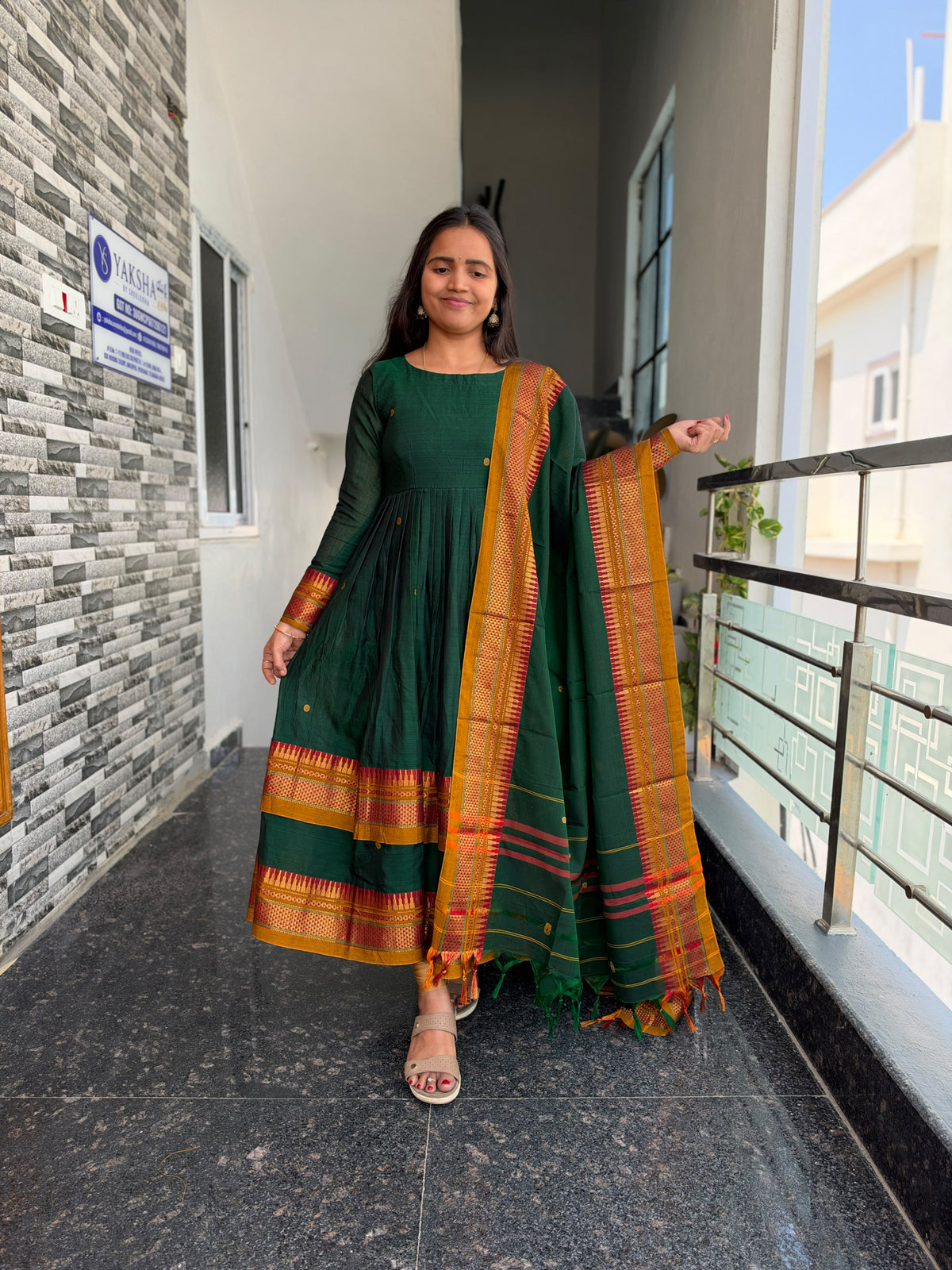 Bottle Green Narayanpet Anarkali 2-Piece Set – Traditional Woven Border & Dupatta
