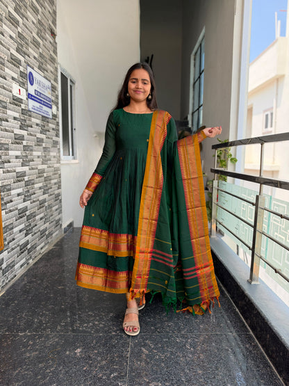 Bottle Green Narayanpet Anarkali 2-Piece Set – Traditional Woven Border & Dupatta