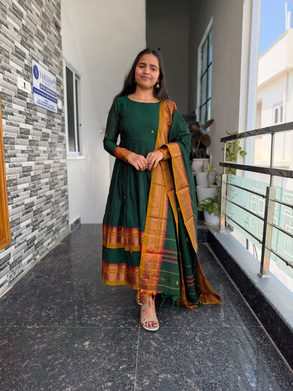 Bottle Green Narayanpet Anarkali 2-Piece Set – Traditional Woven Border & Dupatta