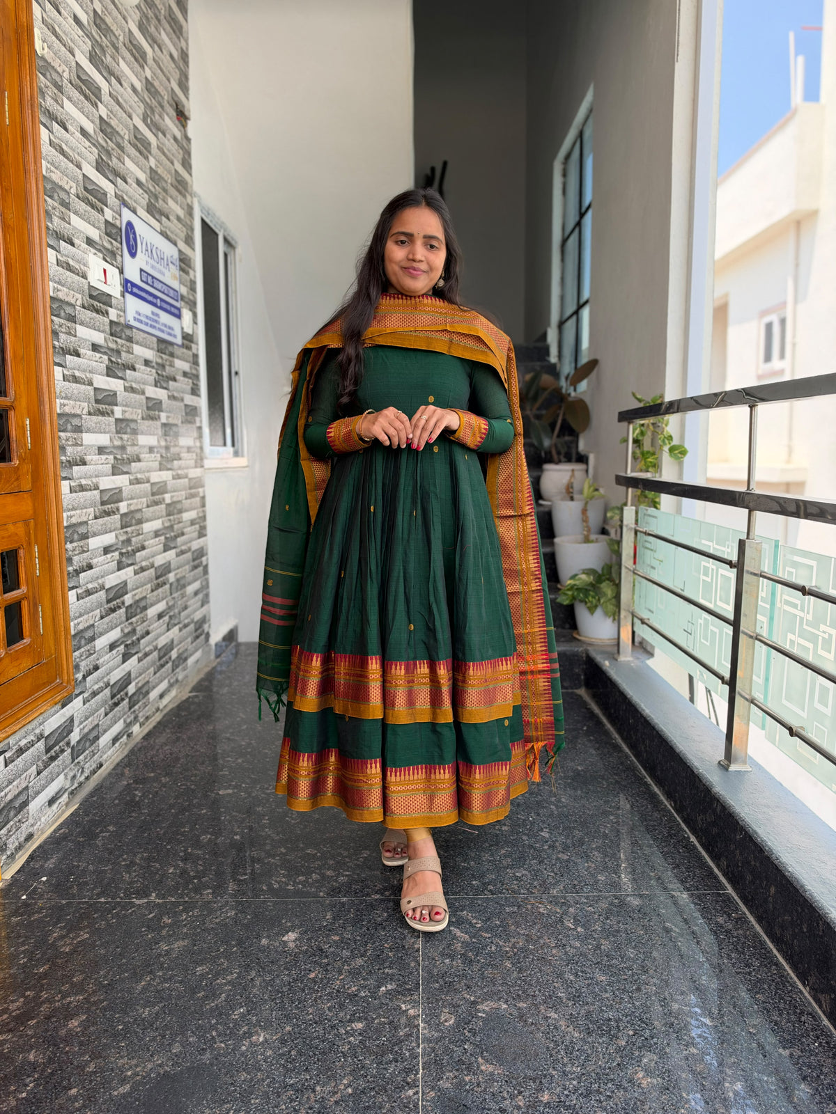 Bottle Green Narayanpet Anarkali 2-Piece Set – Traditional Woven Border & Dupatta
