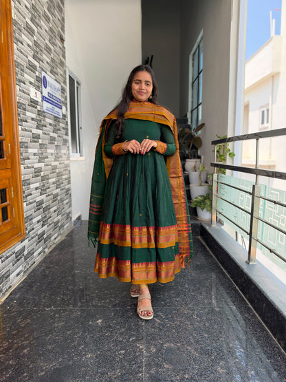 Bottle Green Narayanpet Anarkali 2-Piece Set – Traditional Woven Border & Dupatta