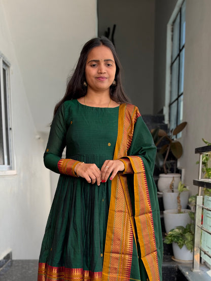 Bottle Green Narayanpet Anarkali 2-Piece Set – Traditional Woven Border & Dupatta