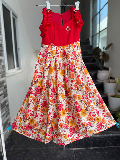 Red & Multicolour Floral Chanderi Cotton & Rayon Kids Wear – Ruffled Bodice & Flared Skirt