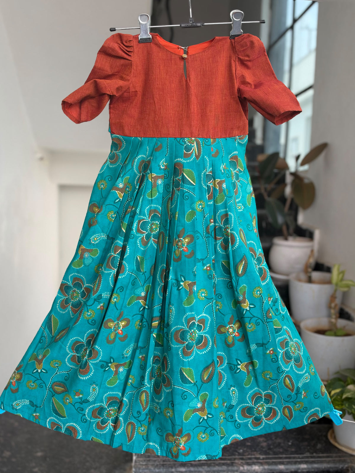 Rust Orange & Teal Blue Rayon Kids Wear – Floral Printed Flared Design