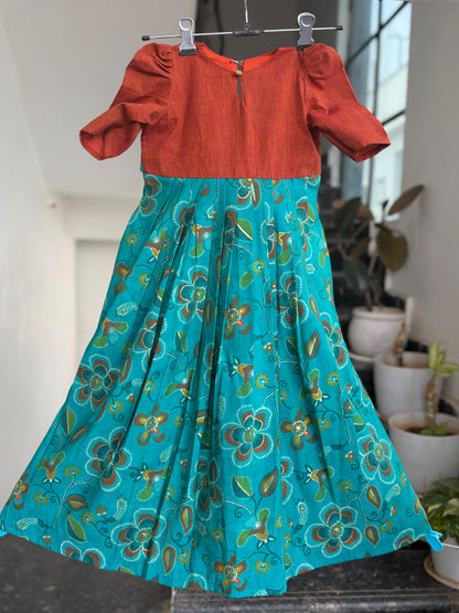 Rust Orange & Teal Blue Rayon Kids Wear – Floral Printed Flared Design