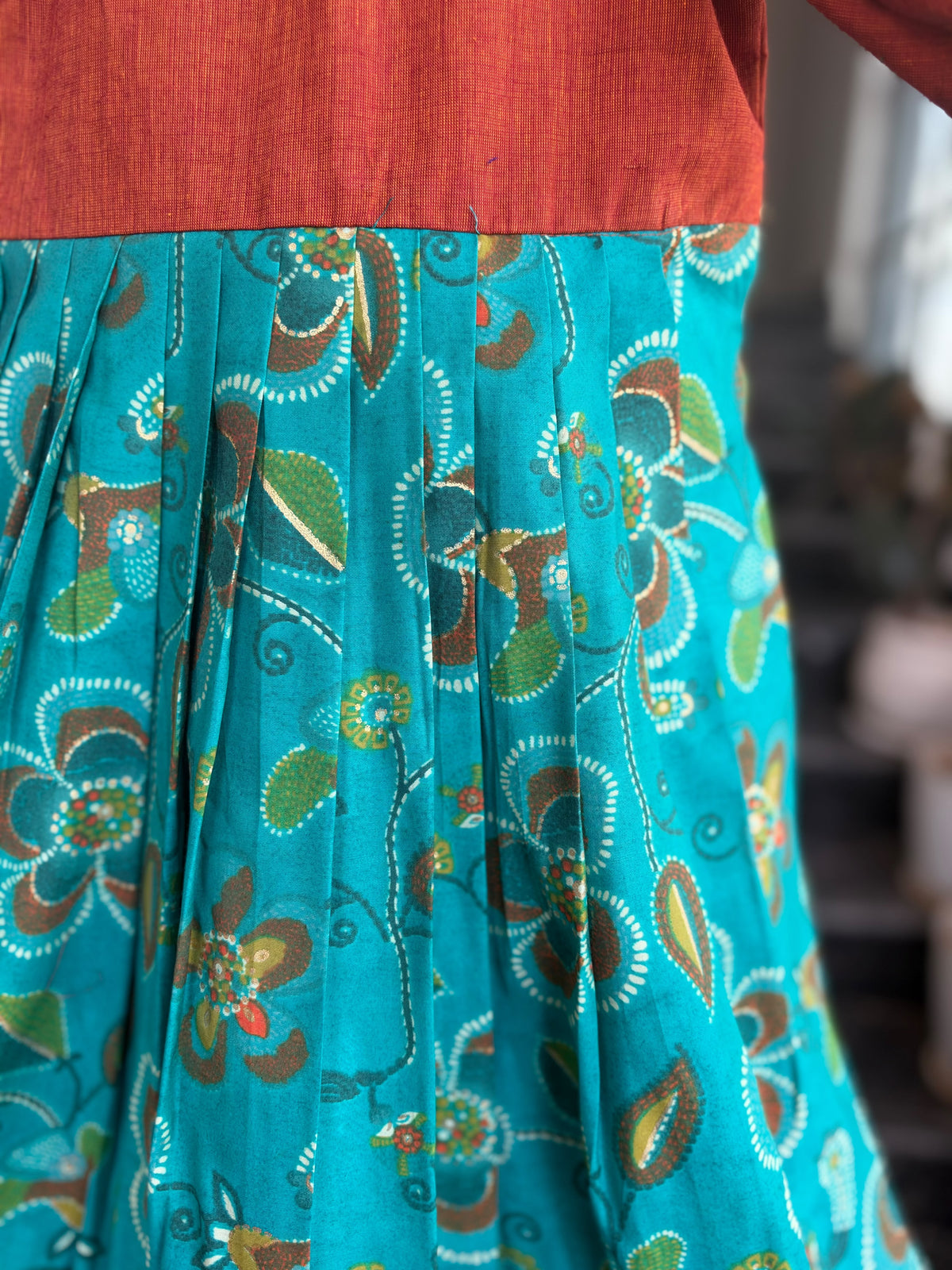 Rust Orange & Teal Blue Rayon Kids Wear – Floral Printed Flared Design