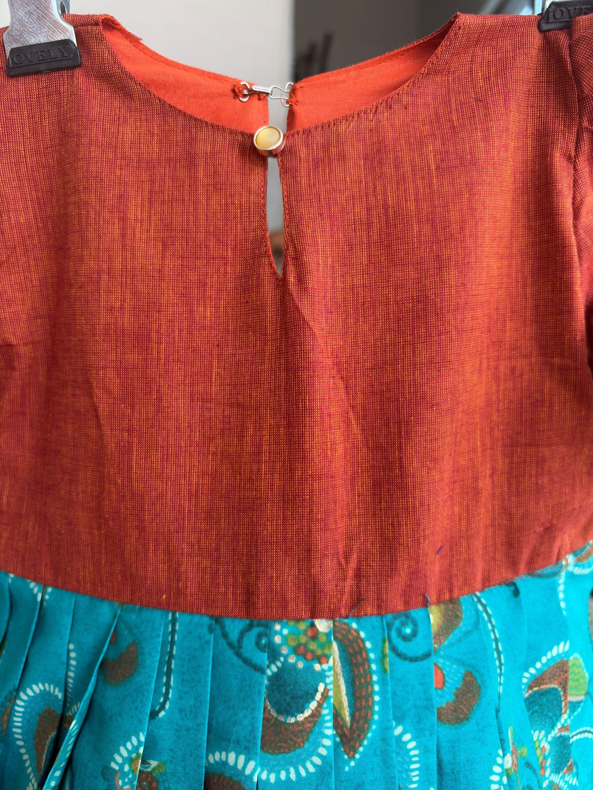 Rust Orange & Teal Blue Rayon Kids Wear – Floral Printed Flared Design