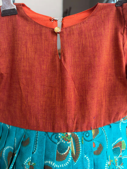Rust Orange & Teal Blue Rayon Kids Wear – Floral Printed Flared Design