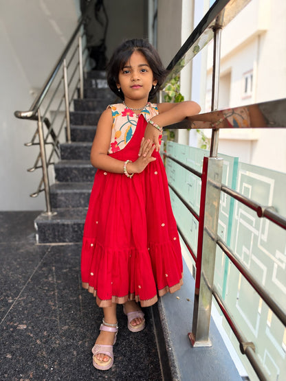Red Narayanpet Kids wear with Separate Waistcoat