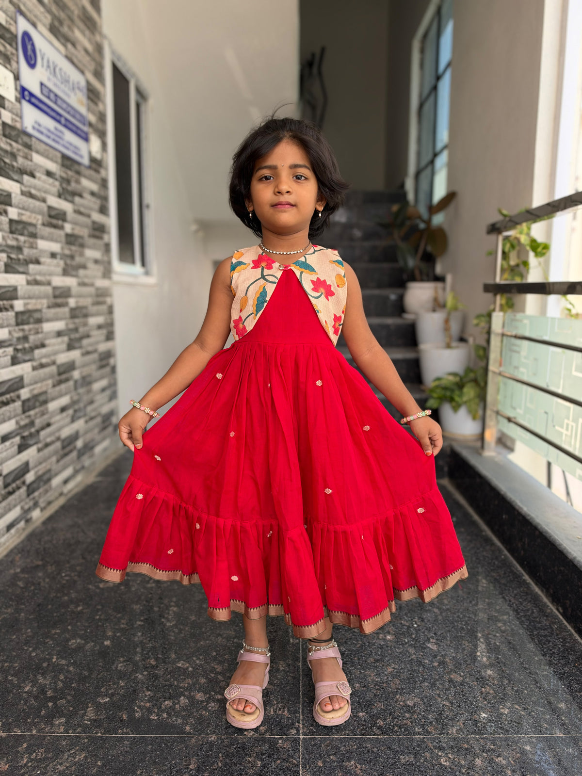 Red Narayanpet Kids wear with Separate Waistcoat