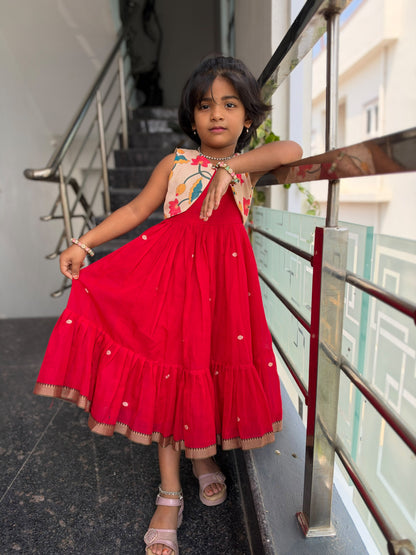 Red Narayanpet Kids wear with Separate Waistcoat