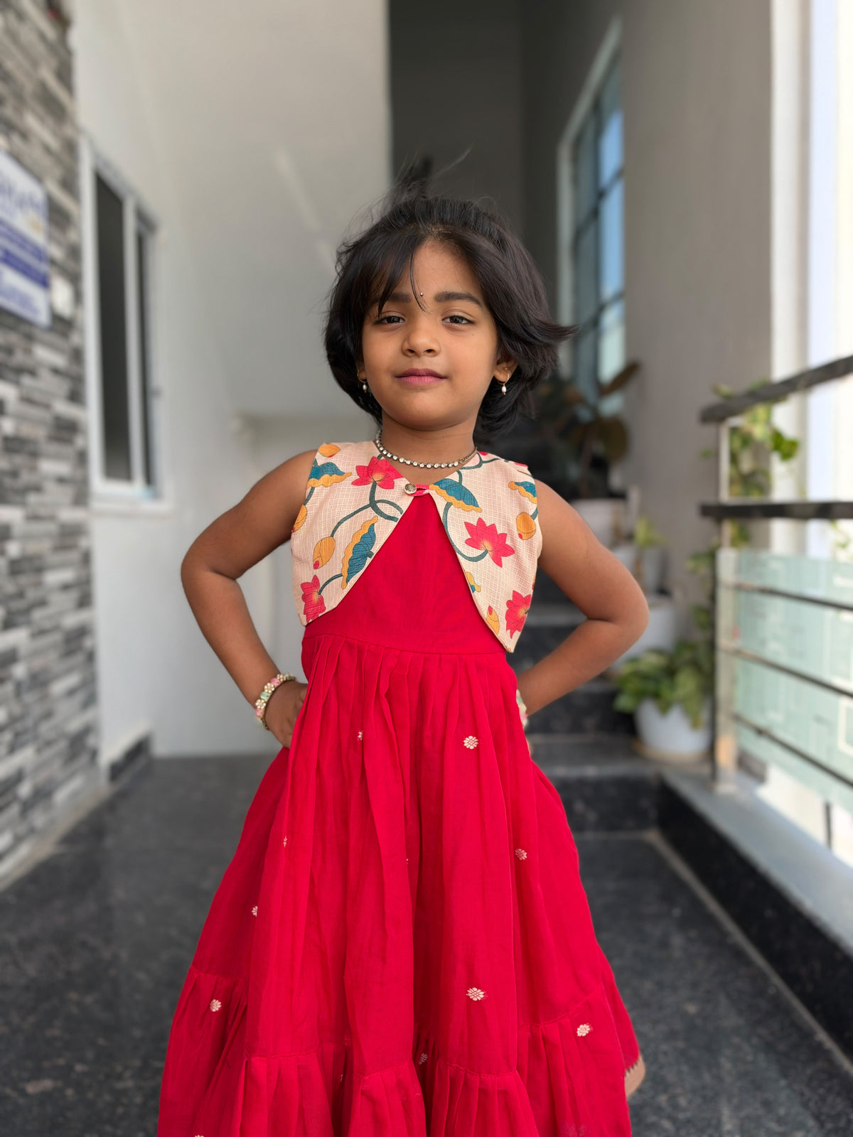 Red Narayanpet Kids wear with Separate Waistcoat