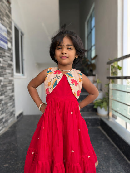 Red Narayanpet Kids wear with Separate Waistcoat